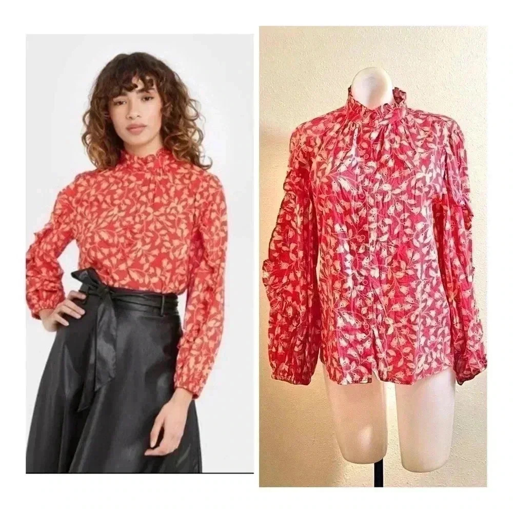 Who What Wear Size S Red/Orange Floral Ruffle Neck and Sleeve Button Up Blouse